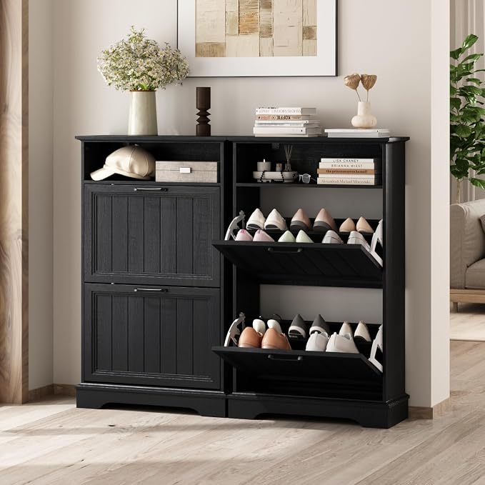 24" W Hidden Shoe Storage Cabinet with 2 Flip Drawers & Open Storage | Farmhouse Modern Shoes Rack Cabinet,Adjustable Shelves, Narrow Slim Shoes Organizer for Front Door Entrance, Entryway,Black