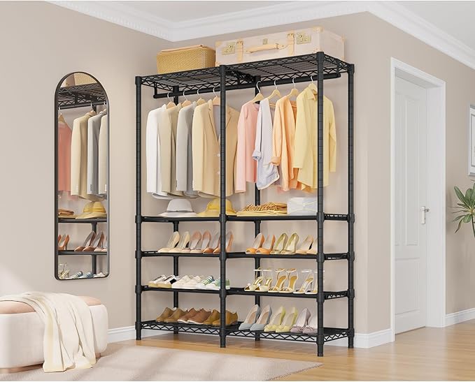 VIPEK S2 Clothes Rack with 8-Tier Shoe Rack, Metal Closet Rack, Black | Freestanding Clothing Rack with 2 Hanging Rods, Adjustable Shelves, Heavy Duty Walk-In Closet Organizer for Entryway/Bedroom