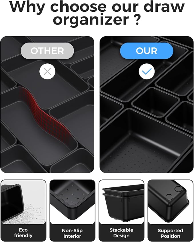 BiuLeon 25 PCS Plastic Drawer Organizers Set, 4-Sizes Vanity and Makeup Organizer, Desk and bathroom Drawer Organizer Trays, Organizers and Storage for Makeup, Jewelry, Gadgets, Utensils (Black)