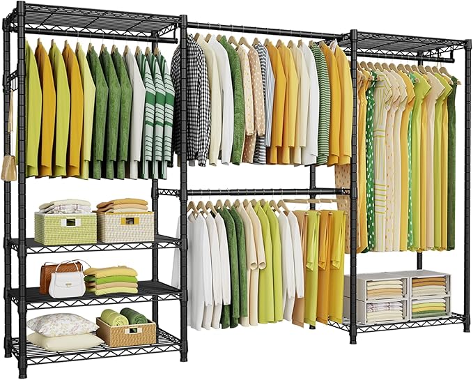 Ulif E1 Heavy Duty Closet Garment Rack, 6 Tiers Adjustable Metal Freestanding Expandable Clothing Storage with 4 Hanger Rods, Easy to Assemble Wardrobe Suit for 70 to 88.2" Space, 14"D x 71.4"H, Black