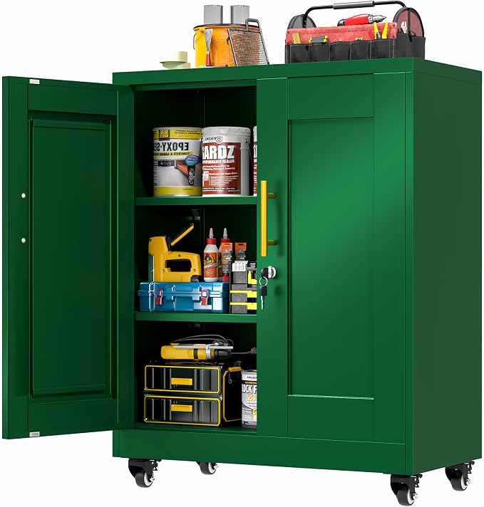 GAIOUS Metal Storage Cabinet with Lock and Wheels, Steel Tool Cabinet | with 2 Door and 2 Adjustable Shelves, 35” Tall Lockable File Cabinet, Garage Cabinet, Rolling Cabinet for Home Office - Green