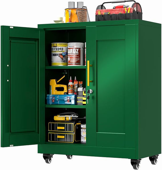 GAIOUS Metal Storage Cabinet with Lock and Wheels, Steel Tool Cabinet | with 2 Door and 2 Adjustable Shelves, 35” Tall Lockable File Cabinet, Garage Cabinet, Rolling Cabinet for Home Office - Green