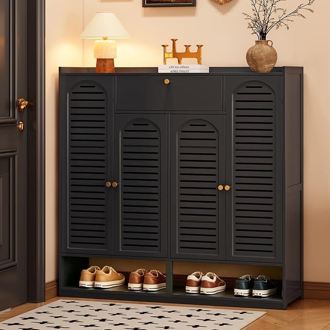 Shoe Cabinet with Louvered Doors, Freestanding Entryway Shoe Storage Cabinet with Drawer & Open Compartment, Modern Bamboo Shoe Rack Organizer with Thickened Adjustable Shelves for Closet