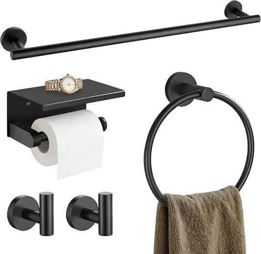 TURS Matte Black 5-Piece Bathroom Hardware Set Towel Bar Set SUS304 Stainless Steel Towel Racks for Bathroom Wall Mounted, 23.6-Inch