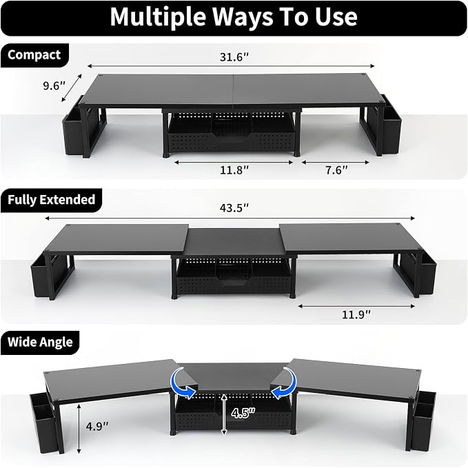 OPNICE Desk Organizers and Accessories, Dual Monitor Stand Riser with Drawer and 2 Pen Holders, Desk Shelf Computer Racks for Office Workspace Organizers, Desktop Organization (Charcoal Black)