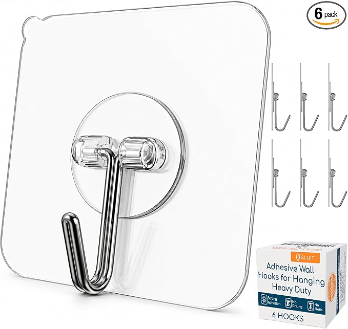 Adhesive Wall Hooks for Hanging, Heavy Duty No Drill, 22 lbs, 6 Pack | GLUIT Adhesive Wall Hooks for Hanging, Transparent Waterproof Sticky Towel Hook for Bathroom Kitchen Home Outdoor