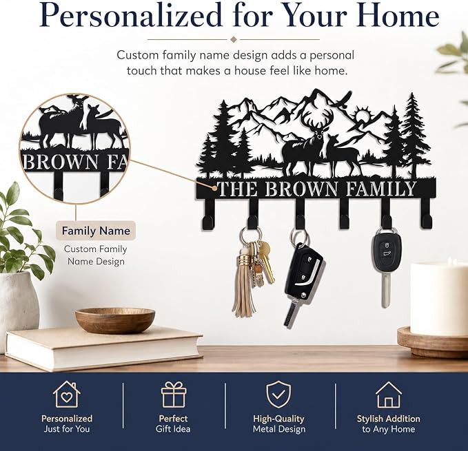 Personalization Deer Mountain Metal Key Holder custom Wall Mount Key Holder for Wall Rustic Cabin Decor Key Rack Hooks Hanger Woodland Wildlife Wall Art Entryway Organizer Housewarming Hunting Gifts