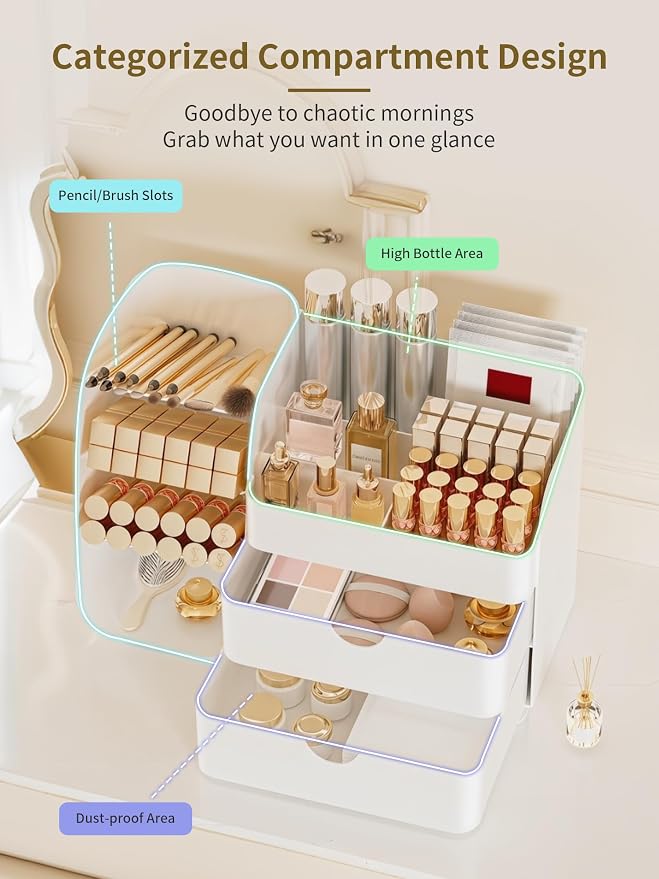 Booklov Small Makeup Organizer for Vanity Countertop, White | Plastic Cosmetic Display Case with Drawers, Beauty Brush Holder for Bathroom Counter, Skin Care Perfumes Storage