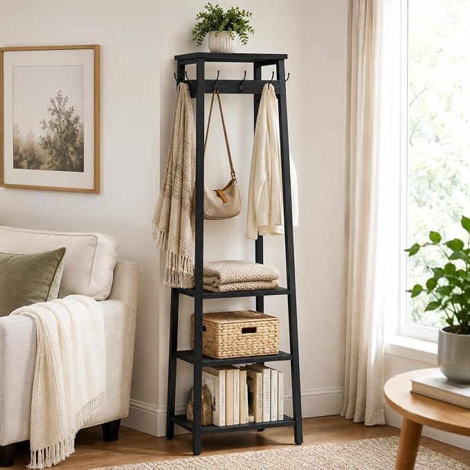 Coat Rack Freestanding with 3 Shelves and 7 Hooks | Coat Stand, Hall Tree Free Standing, Clothes Rack Stand Organizer, Industrial Style, Black