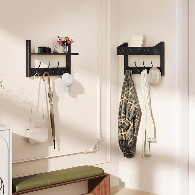 YMYNY 31.5" Coat and Key Rack Wall Mount with Shelf, Black, HWS007B-2 | 4-in-1 Coat and Key Hanger with 12 Metal Hooks, Entryway Wall Shelf with Hooks & Mail Holder for Living Room, Bedroom