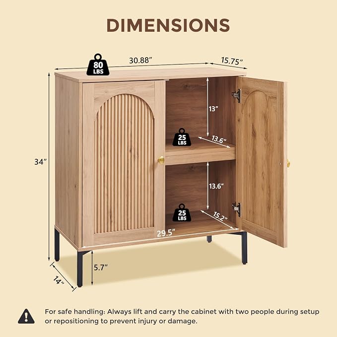 IFGET 92.63" W Modern Arched Sideboard Buffet Cabinet with Storage, Natural | Fluted Arch Sideboard Cabinet w/Adjustable Shelves, Wooden Modular Kitchen Cabinet for Dining& Living Room, Entryway