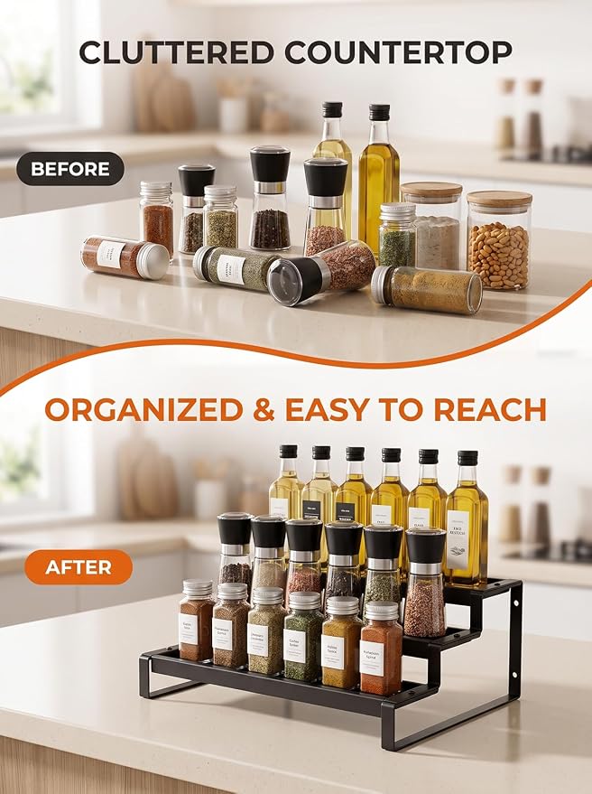 Deloban 3-Tier Spice Rack Organizer For Cabinet,Countertop Pantry Kitchen Organizer,Metal Display Rack, Suitable For Various Cans And Bottles.