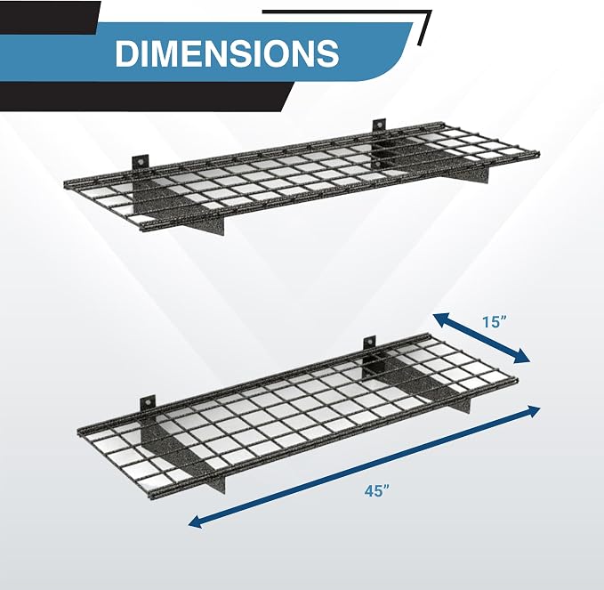 Hyloft Heavy Duty Steel Garage Wall Shelving, 45 in. x 15 in. Metal Wall Shelves for Garage Storage, Low-Profile Brackets, Max Shelf Load 200 Pounds, 00651, 2-Pack, Hammertone