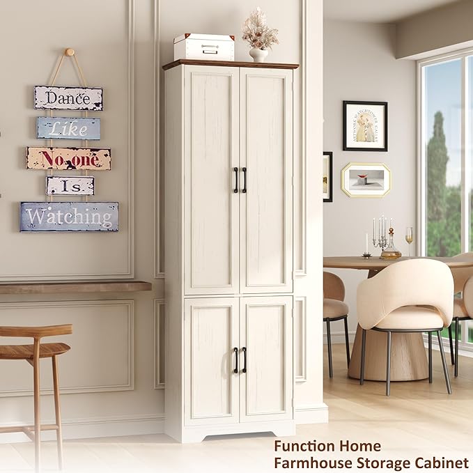 Function Home Farmhouse Kitchen Pantry Cabinet, 72" Tall Storage Cabinet with Doors and Adjustable Shelves, 6 Tier Freestanding Cupboard for Dining Room Living Room Bathroom, Antique White & Brown Top