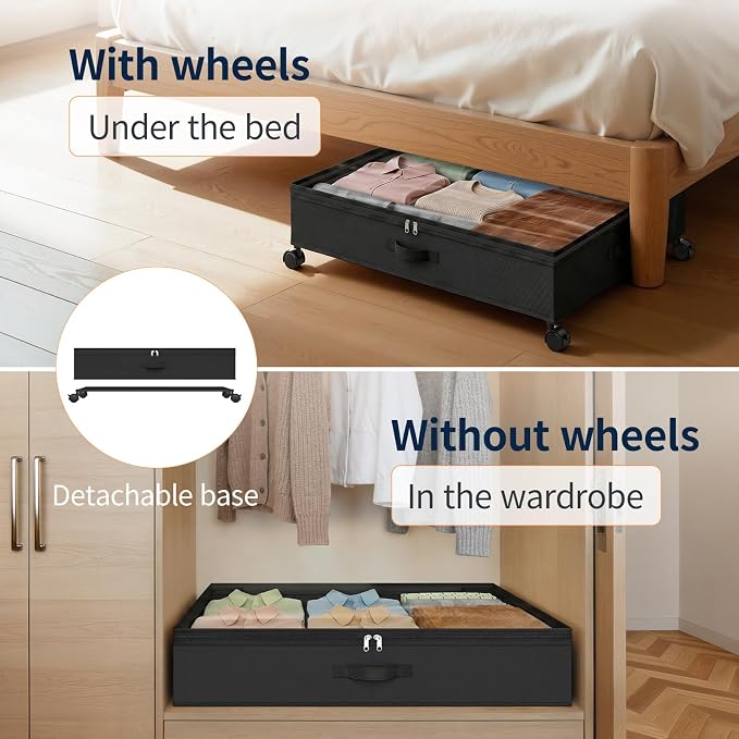 Yecaye 80L Large Under Bed Storage Containers with Wheels, 2 Pack, Black | 80L Capacity, Space-saving, 360° Rolling Wheels, Clear Window & Label, Sturdy Fabric, For Clothes, Shoes, Blankets