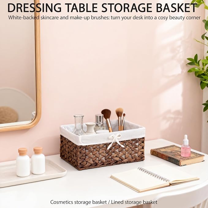 Water Hyacinth Storage Basket Small with Metal Frame & Removable Liner, 11.8”×7.9”×5.5” Rectangular Woven Organizer Bin for Bathroom Vanity, Desk, Nursery, Closet, Home Organization