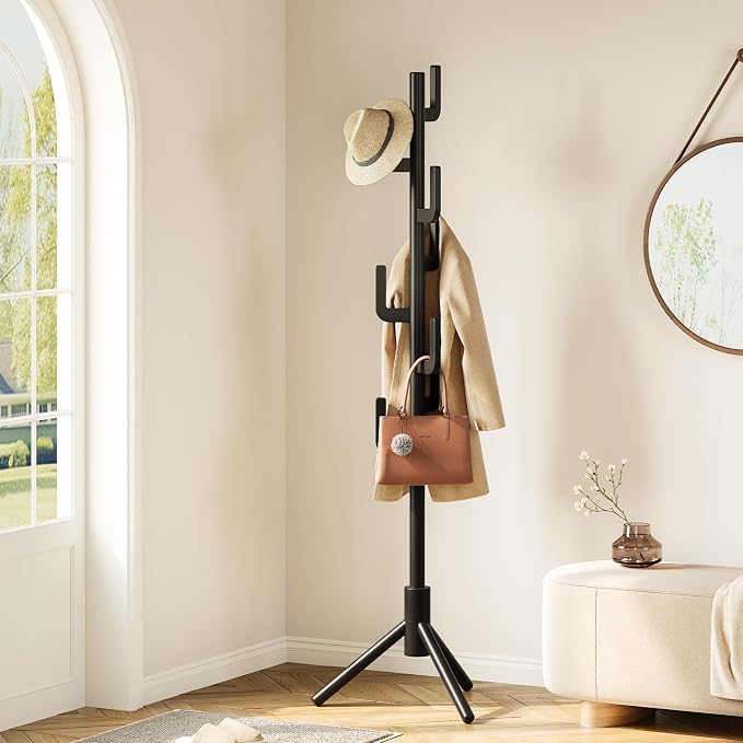 Yoobure Solid Wood Coat Rack - Cactus Coat Tree Freestanding with 8 Hooks, Coat Hanger Stand with 3 Adjustable Sizes for Jacket, Hat, Clothes Stands for Hall, Entryway, Bedroom, Office, Living Room