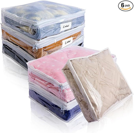 Clear Zippered Plastic Clothes Storage Bags, 6 Pack, White | Clear Storage Bags with Zipper Plastic Storage Bags for Clothes Sweaters Blankets Sheets, Size: 10.5 x 10.5 x 2.5 Inch