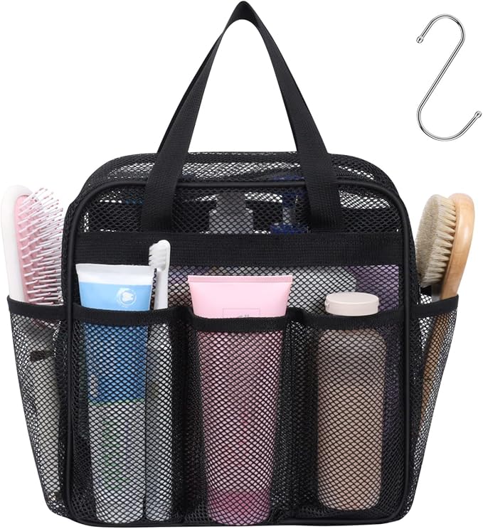 Mesh Shower Caddy Portable with Zipper - 2-Handle Shower Bag for Dorm | 8 Deep Pockets, S-Hook, Quick-Dry Mesh, College Dorm Room Essentials for Girls, Camping, Gym, Travel & Bathroom, Black