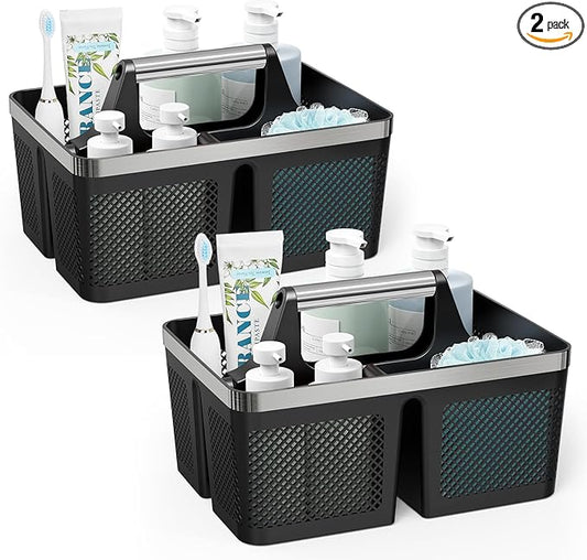 BYUNER 2Pack Shower Caddy Dorm: Portable Bathroom Caddy Organizer with Handle, Plastic Hard Shower Basket Storage Tote for Toiletry, Drainage, College Dorm Room Essentials, Black