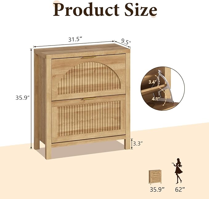 Fluted Shoe Cabinet Storage with 2 Flip Drawers for Entryway, Hallway | Hidden Shoe Rack Slim Freestanding Hidden Shoe Organizer for Foyer, Hallway, Living Room, Oak