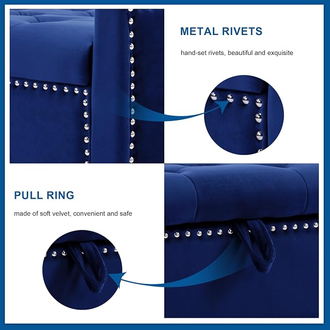 Storage Ottoman Bench, Velvet Upholstered Footstool for Bedroom and Living Room, Tufted Seat with Storage, Wooden Legs & Metal Rivets, Dark Blue