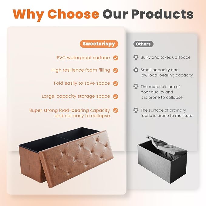 Sweetcrispy 43 Inch Storage Ottoman Bench, Folding Ottoman with Storage | Foot Rest Stool with Padded Seat, End of Bed Storage Bench for Living Room, Bedroom, Loads 660 LBS, Synthetic Leather, Brown