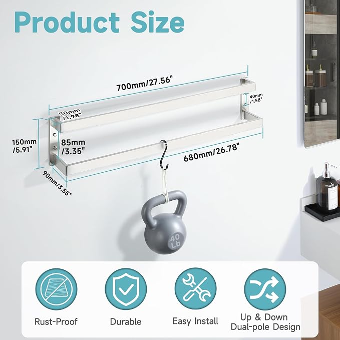 Alise Double Towel Bar, 28" Double Towel Racks for Bathroom, Brushed Nickel | Bathroom Towel Rack Wall Mounted, 3.54" Wide Faster Drying, Ladder Design, SUS304 Stainless Steel