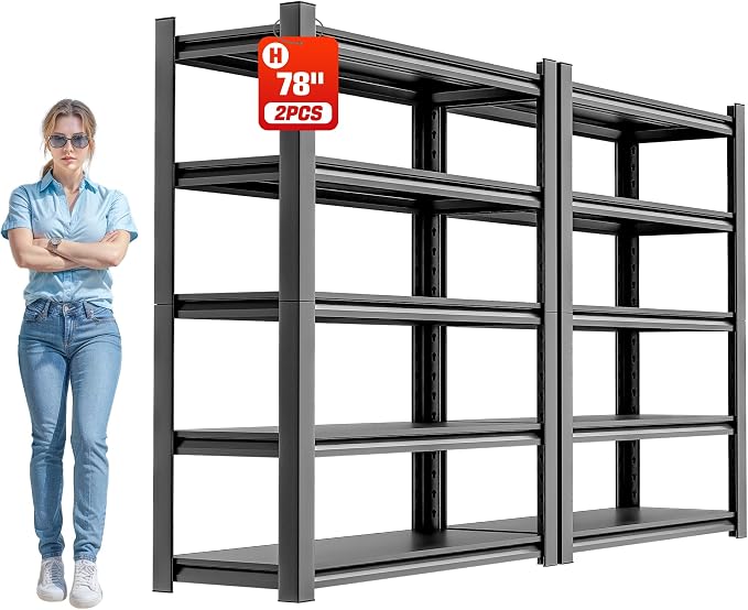 OLLRRACT 5-Tier Garage Shelving, Metal Storage Shelves 2 - Pack | 48"W x 18"D x 78"H, Adjustable, Steel, Heavy Duty, Industrial Storage Rack for Basement, Laundry, Living Room, Warehouse