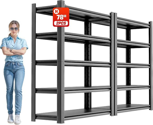 OLLRRACT 5-Tier Garage Shelving, Metal Storage Shelves 2 - Pack | 48"W x 18"D x 78"H, Adjustable, Steel, Heavy Duty, Industrial Storage Rack for Basement, Laundry, Living Room, Warehouse