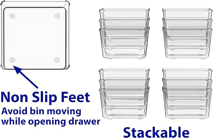 Simple Houseware Clear Desk Drawer Organizer, 3.25"x 3.25", 12 Packs | For Desk, Office, Bathroom, Makeup, and Craft Storage