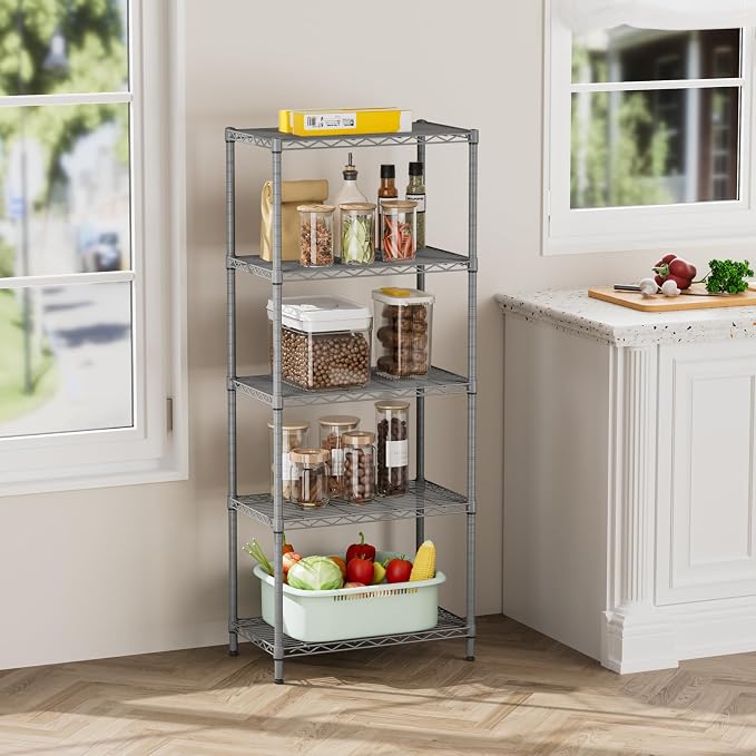 SINGAYE 5 Metal Shelves Wire Shelving Storage Shelf Adjustable Unit Pantry | 5 Tier Kitchen Laundry Room Organization Home Pantry Closet Bathroom Organizers Garage Rack 14" D x 24" W x 59.5" H Gray