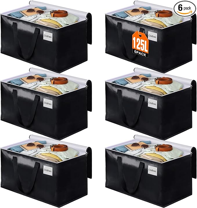 Heavy Duty Moving Bags, Extra Large Storage Bags, 125L, 6-Pack, Black | Foldable, with Zippers, Tag Pocket & Handles, Reusable, Space-saving, Water-Resistant, for moving & storage, Versatile Use