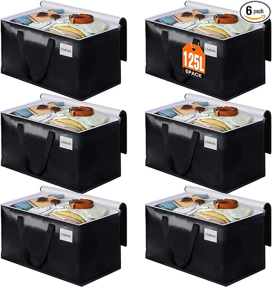 Heavy Duty Moving Bags, Extra Large Storage Bags, 125L, 6-Pack, Black | Foldable, with Zippers, Tag Pocket & Handles, Reusable, Space-saving, Water-Resistant, for moving & storage, Versatile Use
