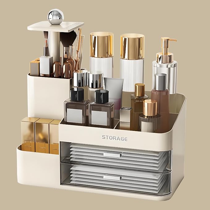 Large Makeup Organizer Countertop with Drawers, Make Up Organizer for Vanity, Makeup Storage Organizer Countertop Makeup Organizers for Skincare (Style2-Cream)