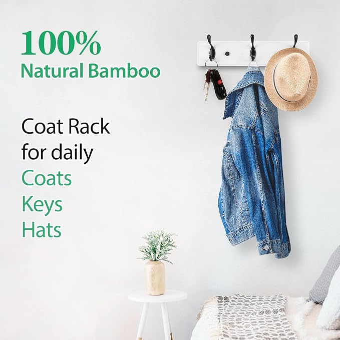 Badiano Wooden Coat Rack, Wall-Mounted Organizer for Closet, Entryway, Hallway, Foyer, Bedroom, Heavy Duty Double Hooks for Hanging Towels, Bags, Hats, Jackets, Key (WhiteBlack, 3 Hooks)