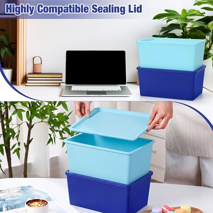 6 Pcs Storage Bins with Lids Small Plastic Storage Containers Stackable Storing Baskets Box Cute Organizer Bins for Organizing Shelves (Blue Series)