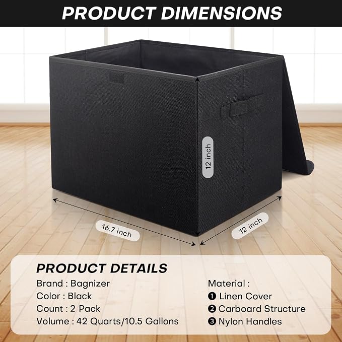 Bagnizer Large 42 Quarts Fabric Storage Bins with Lids [2-Pack] Linen Collapsible Foldable Storage Cubes, Closet Organizer Containers boxes with Handles for Home Office (16.7 x 12 x 12, Black)