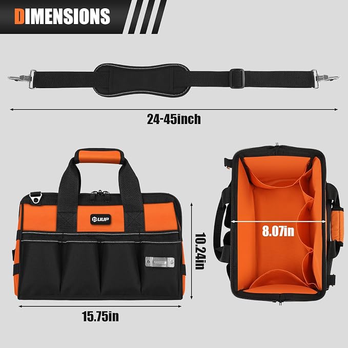 UUP 15" Heavy Duty Tool Bag, 16-Pocket Tool Box Organizer Orange | 16 Pockets & MOLLE. Detachable Strap & Handle. Non-slip Base, Metal Buckle. 30lb Holds Tools on Truck, Garage, Men Gift.