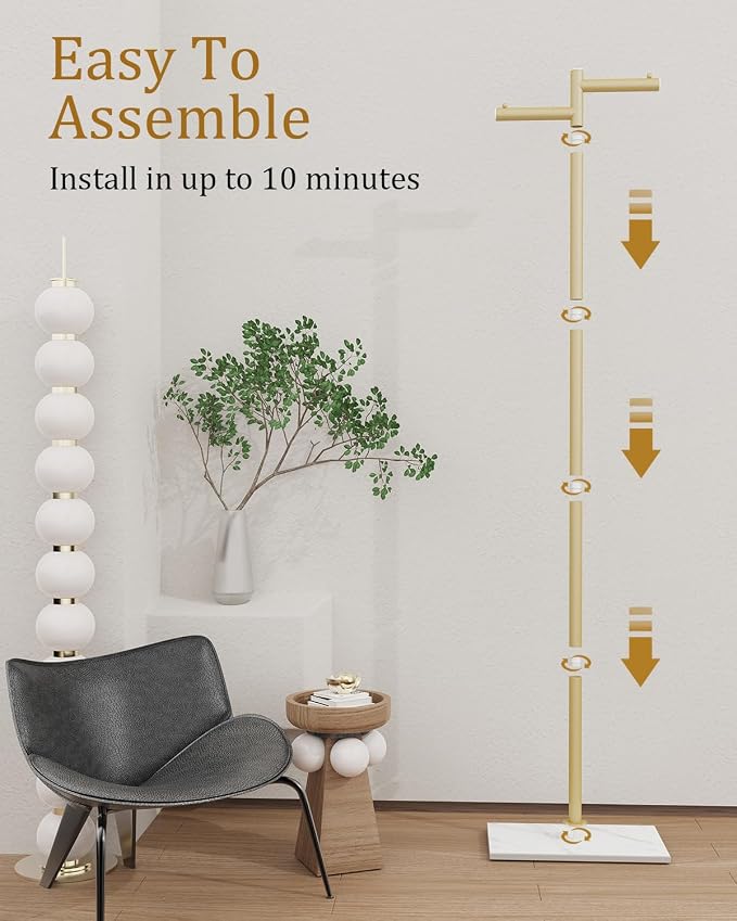 Modern Garment Rack,Z-Shaped Coat Stand with Rock Base,68.9in,Gold | Metal Coat Racks Freestanding with Natural Patterned Base,Easy to Clean Clothes Hangers for Home,Clothing Trees for Office