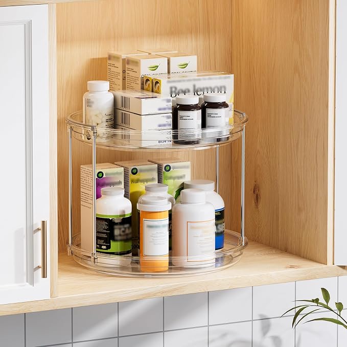 LAMU 4 Pack 2 Tier Lazy Susan Turntable Organizer 9.25'' Rotating Spice Rack Organization for Cabinet, Kitchen, Pantry, Countertop, Bathroom, Vanity, Medicine Cabinet Organizer, Clear