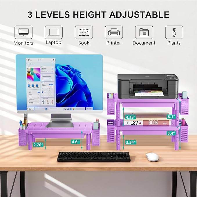 WALI Computer Monitor Stand with Storage, Desk Organizer with Drawer and Pen Holder, Desk Monitor Riser 3 Height Adjustable, Laptop Riser for Laptop, Printer (PTT003-V), 1 Pack, Violet