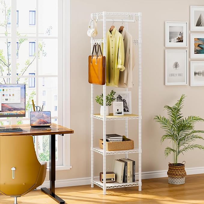 R1 Heavy Duty Clothes Rack with Storage Shelves, 448 Lbs Load, White | Heavy-duty freestanding clothes rack supports up to 448 lbs for hanging garments and daily supplies