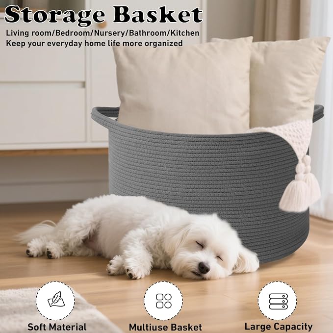 90L Extra Large Blanket Basket,Woven Rope Laundry Basket-Dark Grey | Collapsible, reinforced handles, nursery storage bin organizes clothes, toys and pillows for living room, bedroom bathroom.