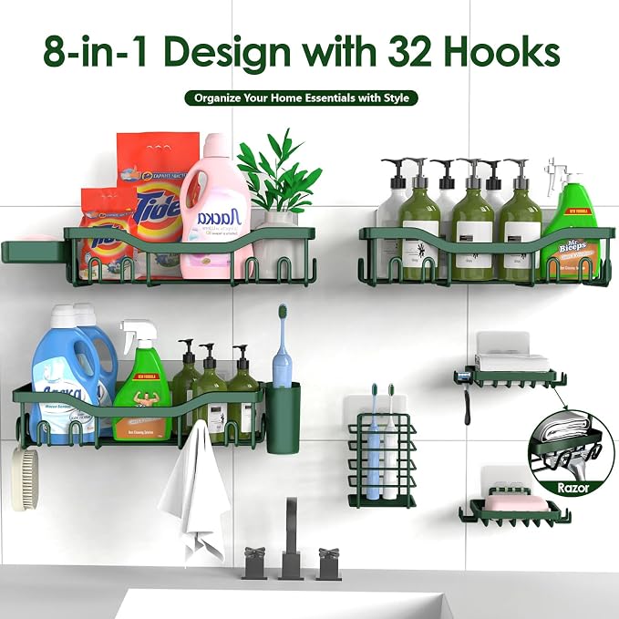 NESOMI Shower Caddy Adhesive Shower Organizer 8-Pack, Rustproof Stainless Steel Bathroom Shelves, Large Capacity No-Drill Rack Storage Accessories with Soap Dish Toothbrush Holder Hooks