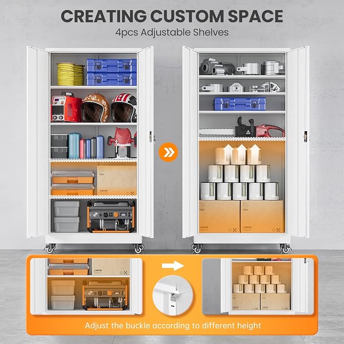 Garage Storage Cabinet with Doors and Shelves, Garage Cabinets with Wheels, Metal Lockable Storage Caninet,Tall Tool Cabnet on Wheels for Workshop/Home/Office/Shop - (White 75”H)