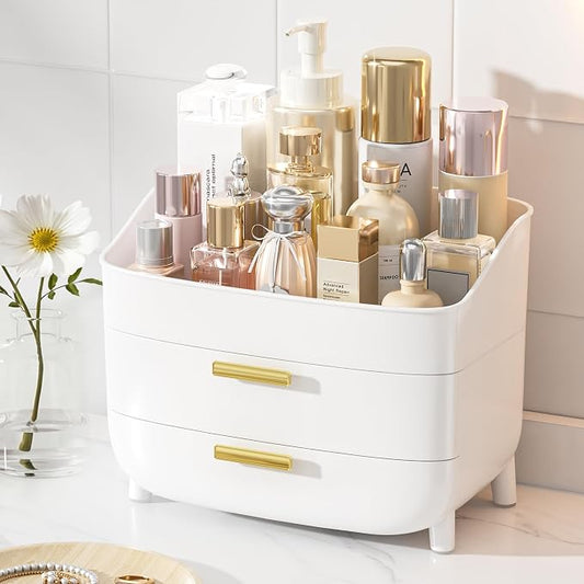 Vtopmart 3-Tier Skincare Makeup Organizer with Drawers, White | For Vanity,Dresser and Bathroom Countertop, Large Cosmetic Storage Box Case, , With Drawer, Non-Slip Base