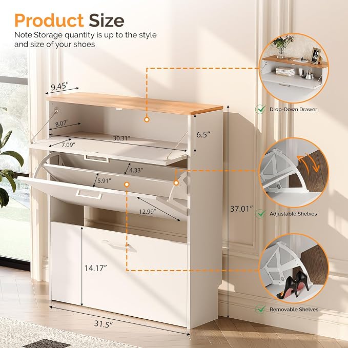 VINGLI Set of 2 Shoe Cabinet for Entryway, 2-Pack 31.5" W Extra Wide Slim Shoe Organizer with 2 Flip & 1 Drop-Down Drawers, Modern White Shoes Rack with Oak Top, Narrow Cabinet for Hallway
