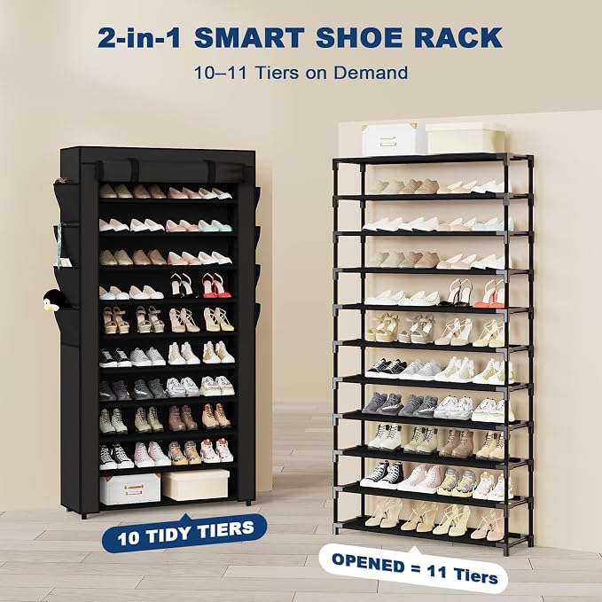 Mavivegue Shoe Rack with Cover, 10+1 Tier Tall Shoe Storage for 50-55 Pairs of Shoes, Shoe Organizer for Entryway, Closet