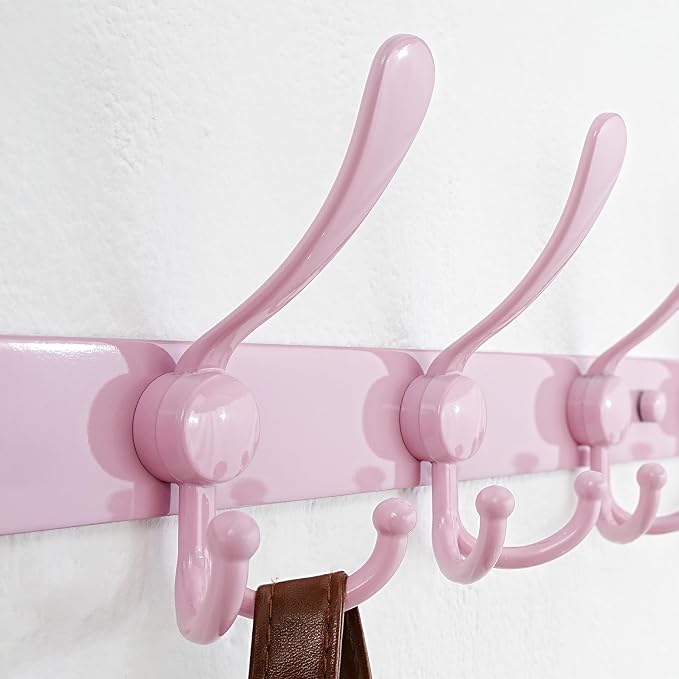 Dseap Coat Rack Wall Mounted - 5 Tri Hooks, Heavy Duty, Stainless Steel, Metal Coat Hook Rail for Coat Hat Towel Purse Robes Mudroom Bathroom Entryway (Pink, Pack of 2)
